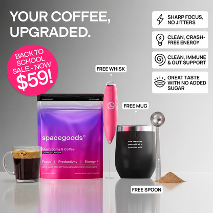 Rainbow Dust coffee starter kit with free frother, mug and spoon, priced at $59